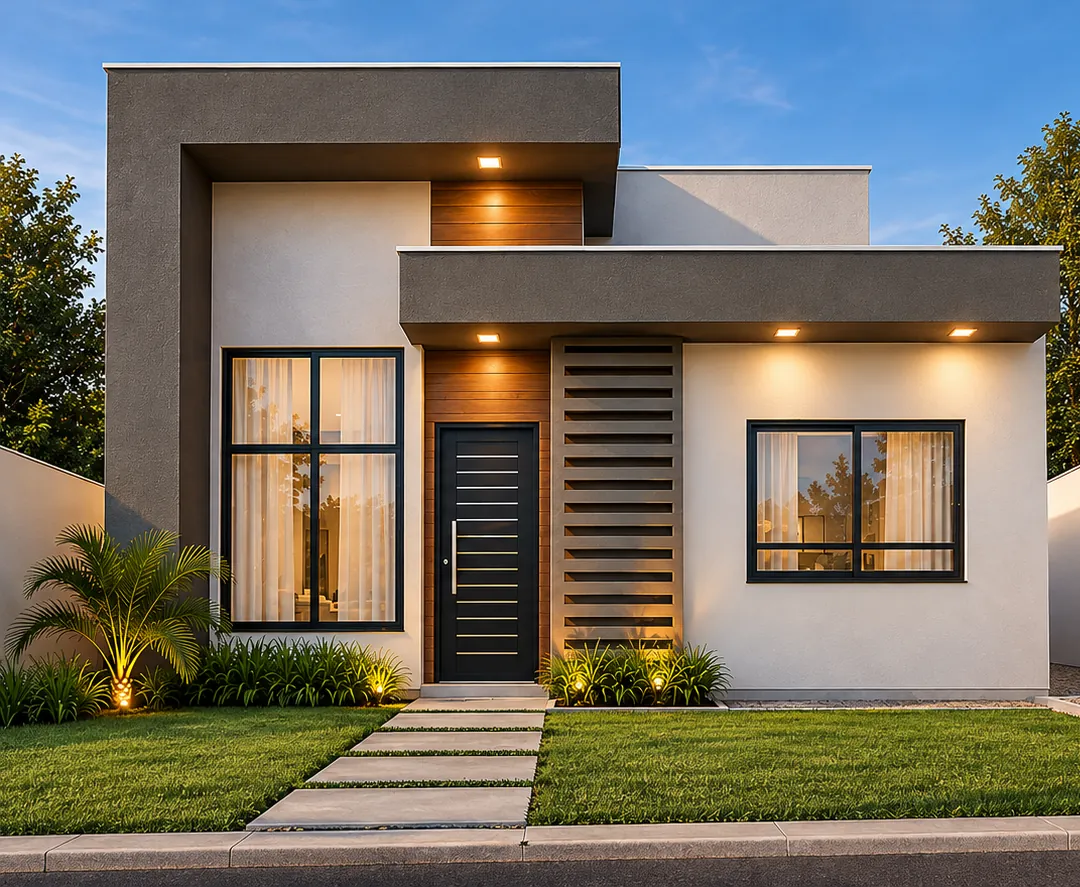 Casa térrea pronta, com fachada clara e jardim