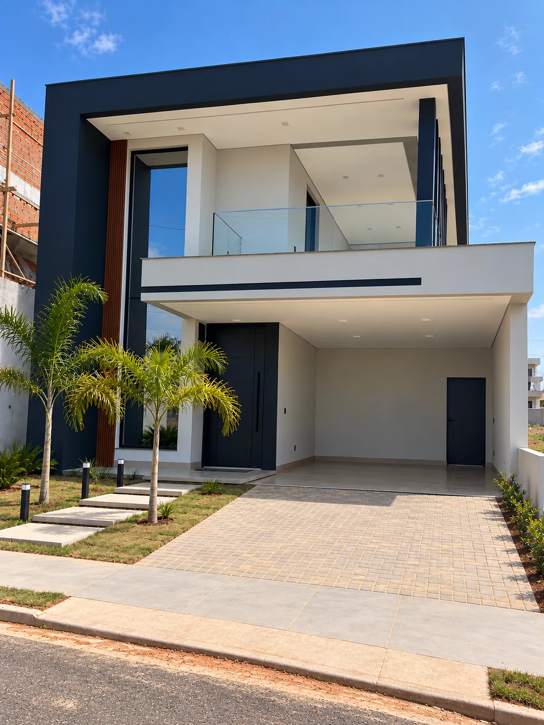 Render de fachada de sobrado com volume escuro e garagem coberta