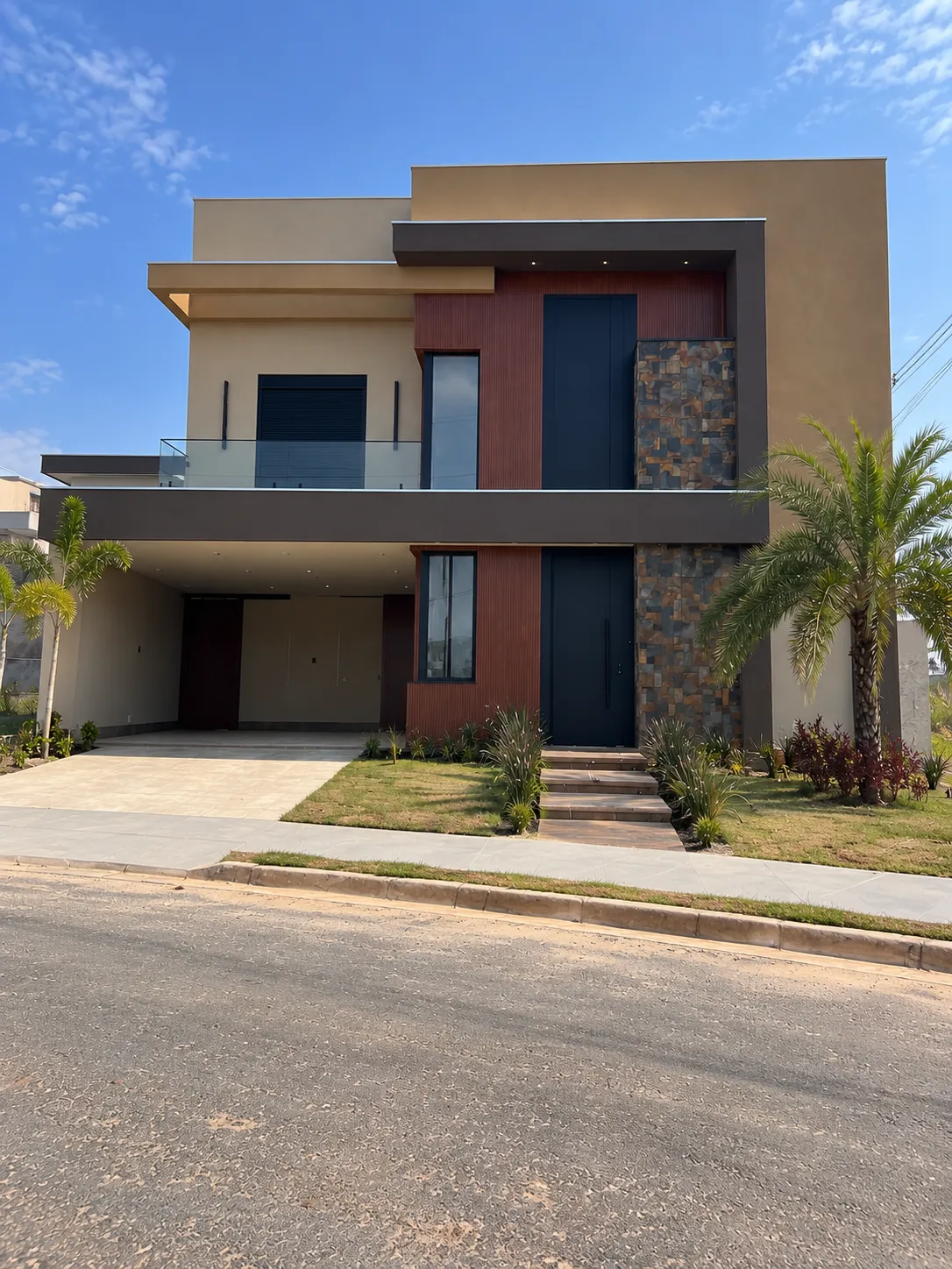 Render de fachada de sobrado com pedra natural e painel marrom
